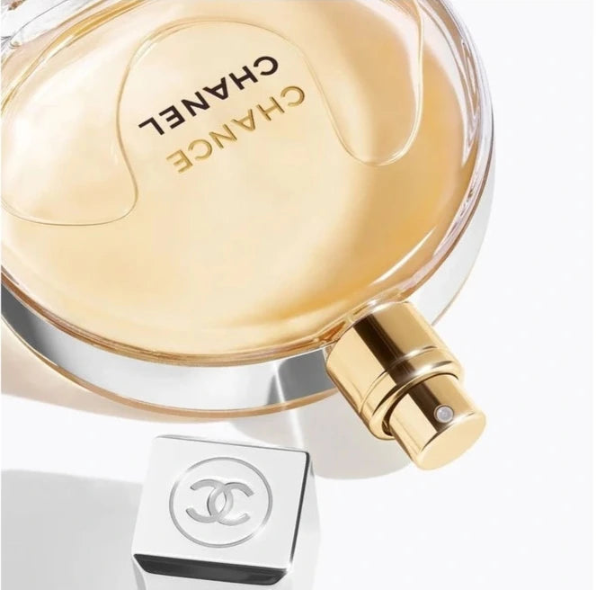 Chanel Chance perfume bottle on a white background
