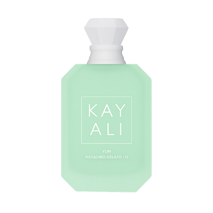 Luxury kayali yum pistachio gelato 33 perfume bottle on transparent background.