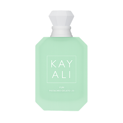 Luxury kayali yum pistachio gelato 33 perfume bottle on transparent background.