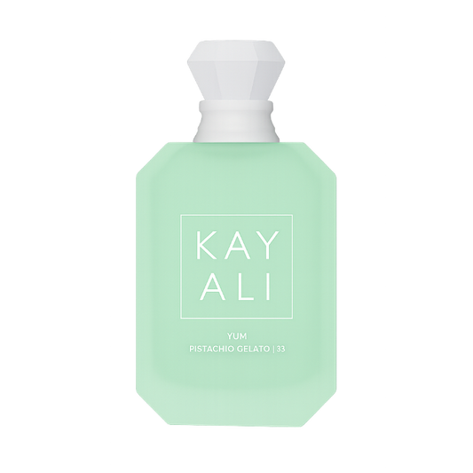 Luxury kayali yum pistachio gelato 33 perfume bottle on transparent background.