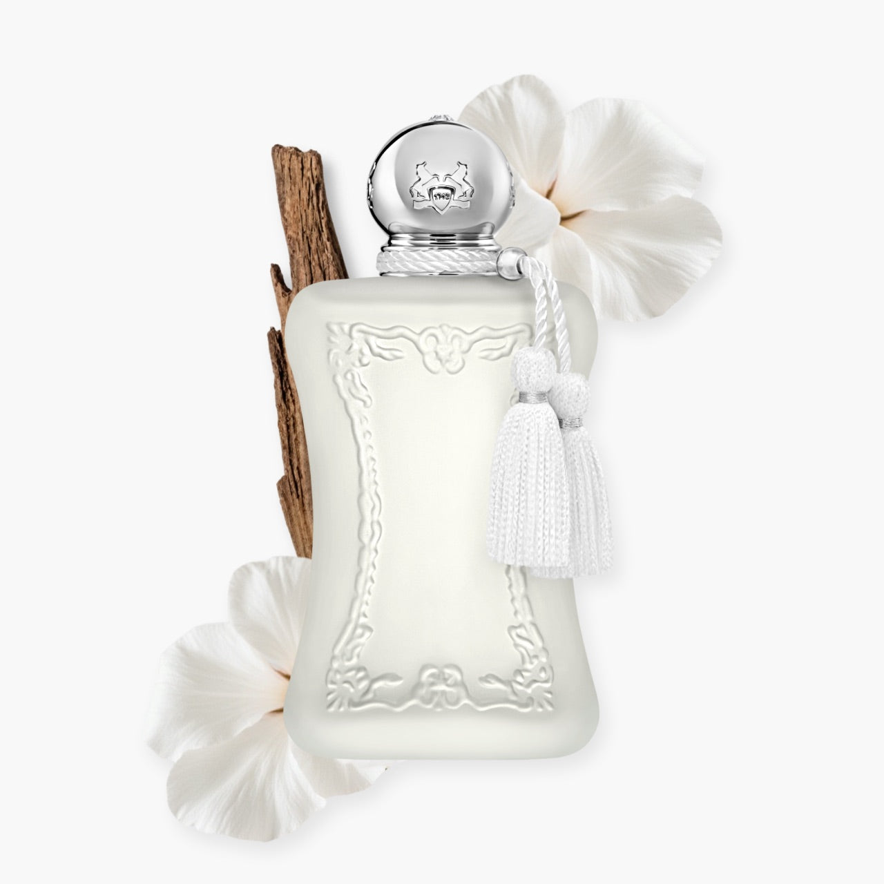 Valaya Parfums de Marly perfume bottle with decorative elements on a white background
