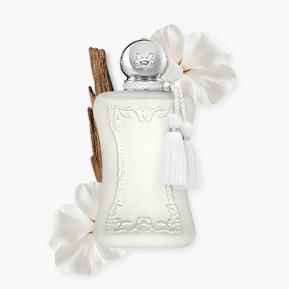Valaya Parfums de Marly perfume bottle with decorative elements on a white background
