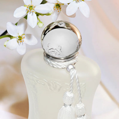 Valaya Parfums de marly EDP perfume bottle wi silver cap and tassels on a decorative background